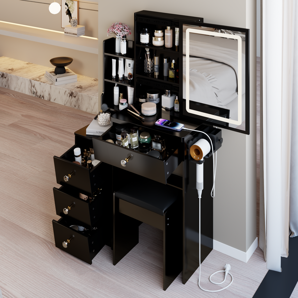 29.2' Small Size Left Bedside Cabinet Vanity Table + Cushioned Stool, 2 AC+2 USB Power Station, Hair dryer bracket, Extra Large Touch Control Sliding LED Mirror, Tri-color Switching, Brightness Adjust - Grand Goldman Shop