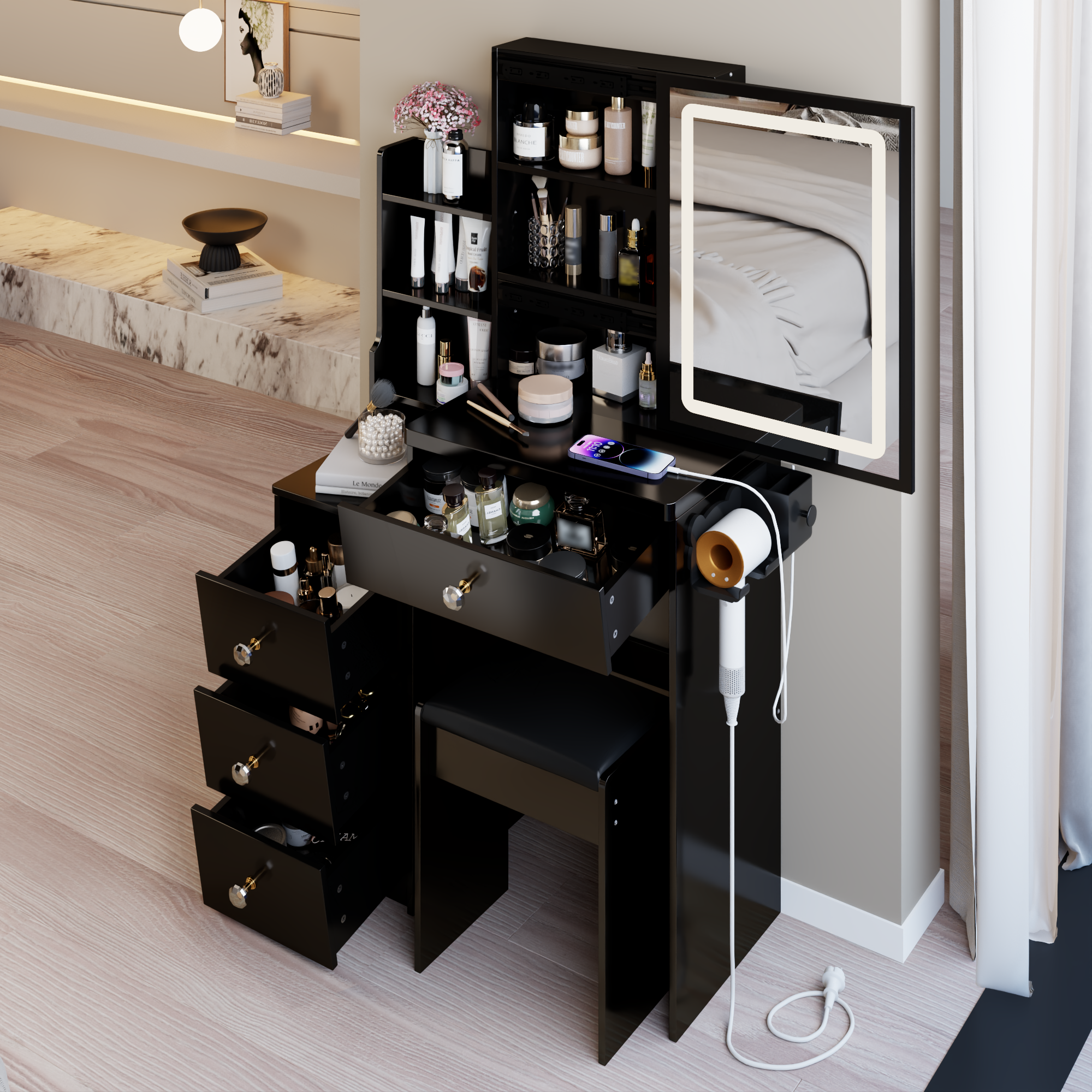 29.2' Small Size Left Bedside Cabinet Vanity Table + Cushioned Stool, 2 AC+2 USB Power Station, Hair dryer bracket, Extra Large Touch Control Sliding LED Mirror, Tri-color Switching, Brightness Adjust - Grand Goldman Shop
