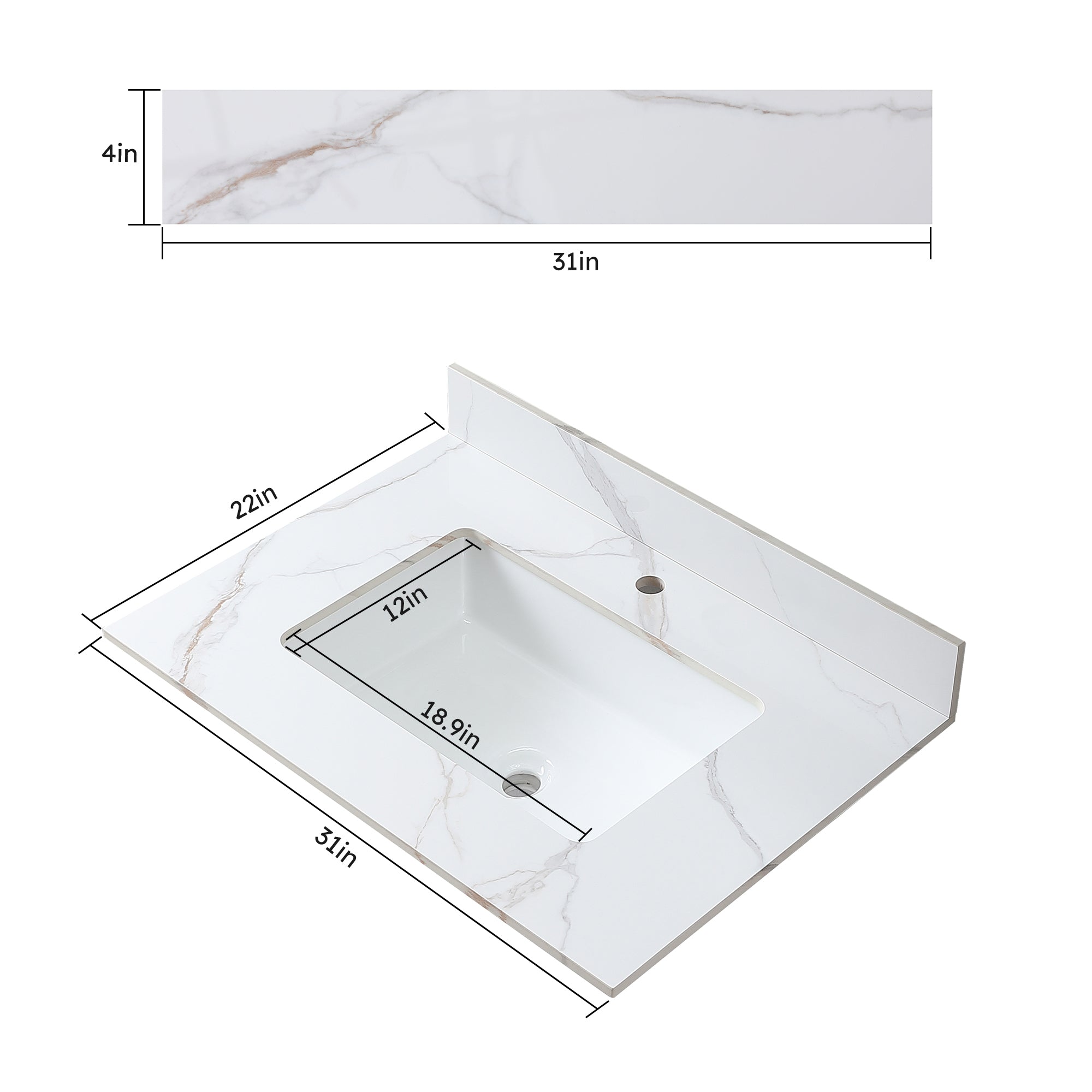 Montary 31inch bathroom stone vanity top carrara gold color with undermount ceramic sink and single faucet hole with backsplash - Grand Goldman Shop