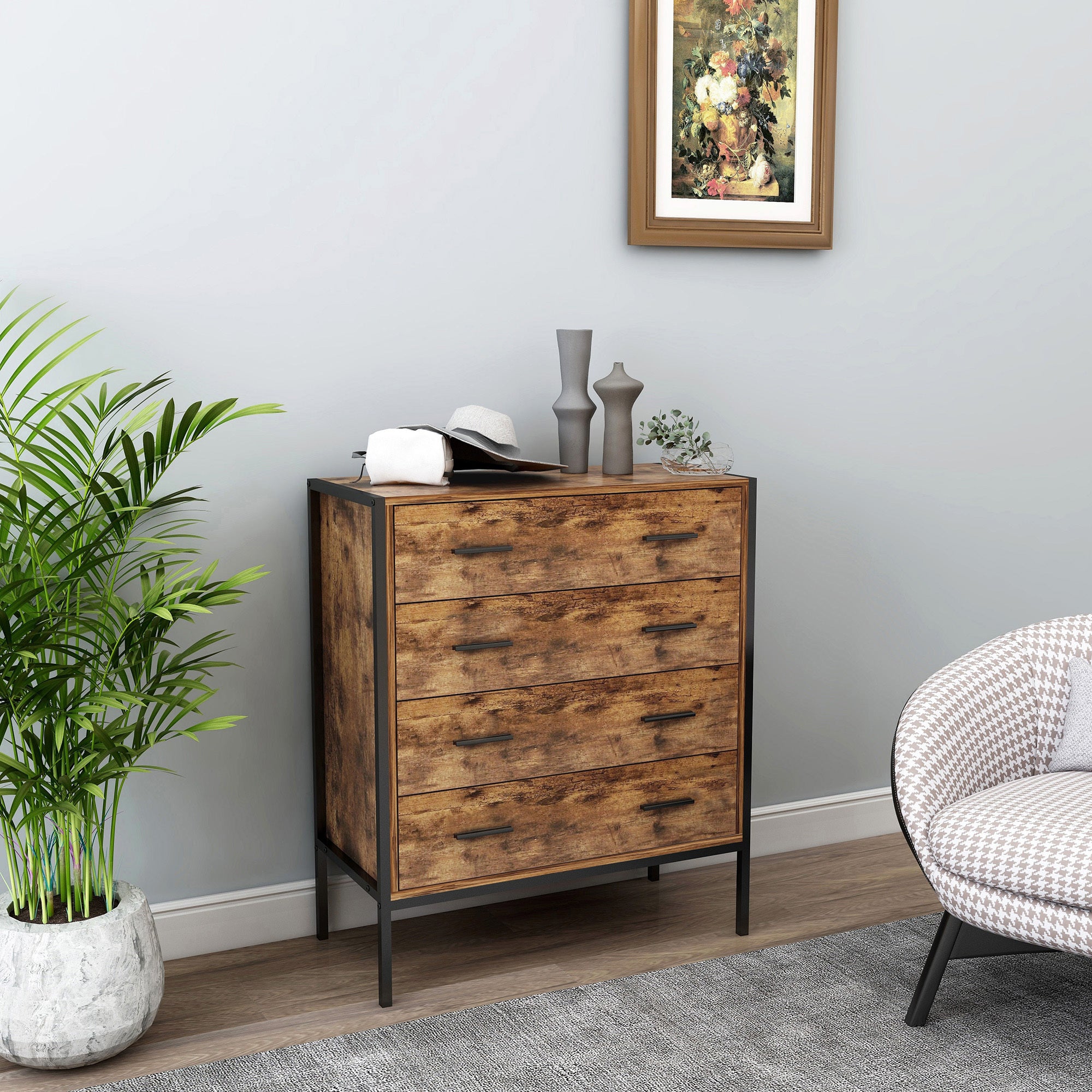 Industrial Style 4 Drawer Dresser,Rustic Brown Wood Storage Dresser Clothes Organizer with Sturdy Steel Frame, Chest with 4 Drawer, Storage Cabinet for Bedroom, Living Room - Grand Goldman Shop
