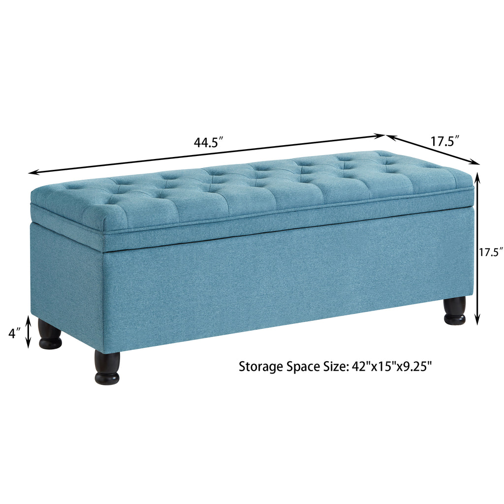 Upholstered tufted button storage bench ,Linen fabric entry bench with spindle wooden legs, Bed bench- Light Blue - Grand Goldman Shop