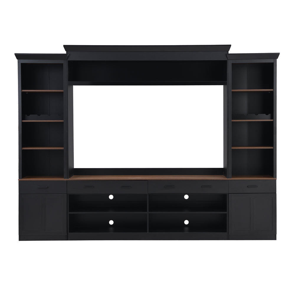 Farmhouse Entertainment Wall Unit with Bookshelf for TVs Up to 70', Walnut TV Stand with Adjustable Shelves, Mid-Century Media Console with Wine Rack for Living Room, Black (NEW SKU: N721S000046B-2) - Grand Goldman Shop