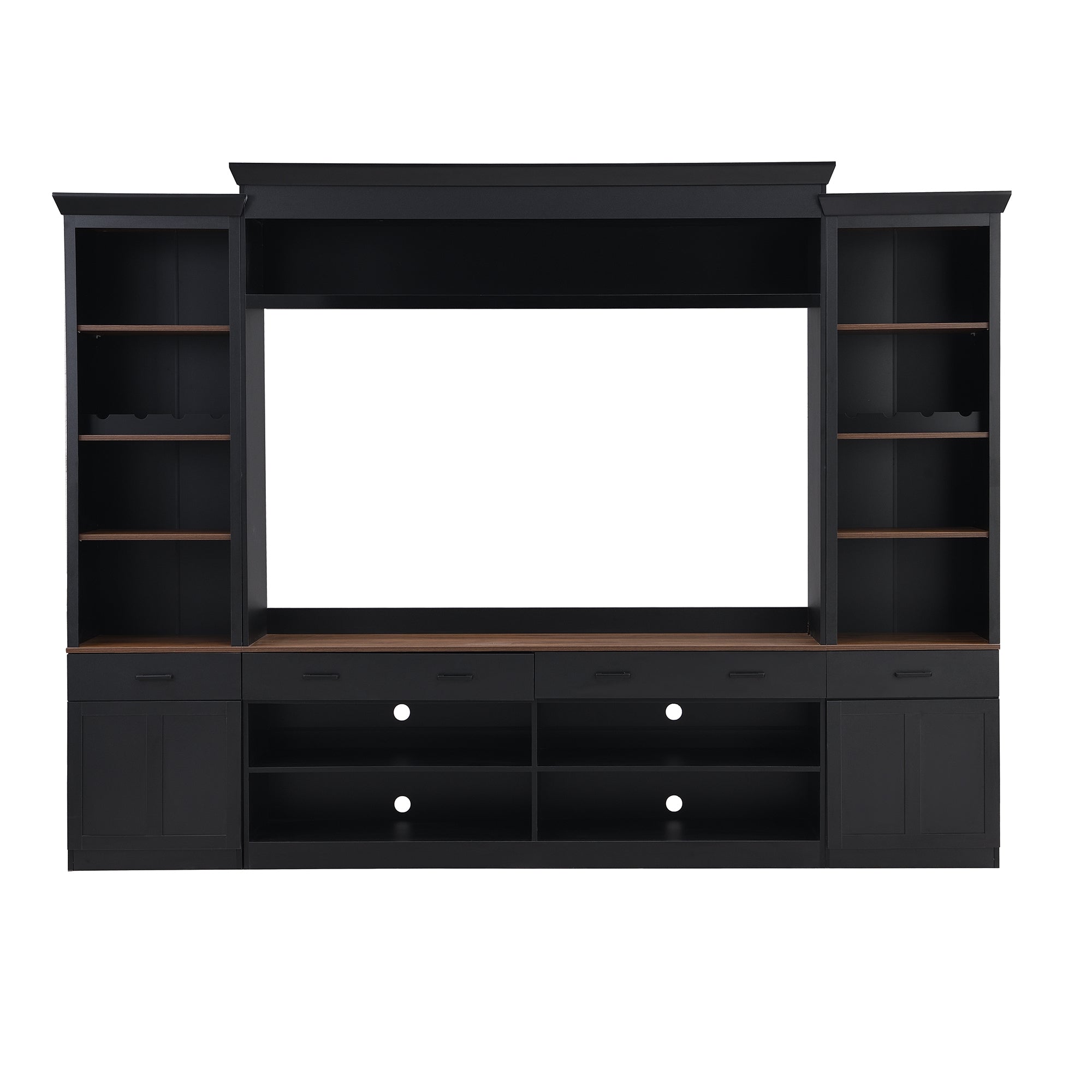 Farmhouse Entertainment Wall Unit with Bookshelf for TVs Up to 70', Walnut TV Stand with Adjustable Shelves, Mid-Century Media Console with Wine Rack for Living Room, Black (NEW SKU: N721S000046B-2) - Grand Goldman Shop