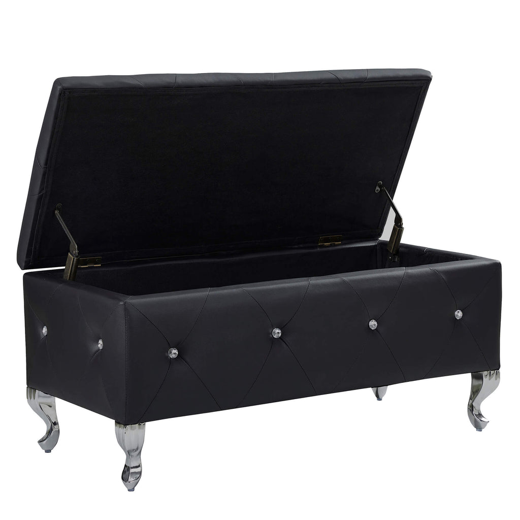 Upholstered Storage Ottoman Bench For Bedroom End Of Bed Faux Leather Rectangular Storage Benches Footrest With Crystal Buttons For Living Room Entryway (Black) - Grand Goldman Shop