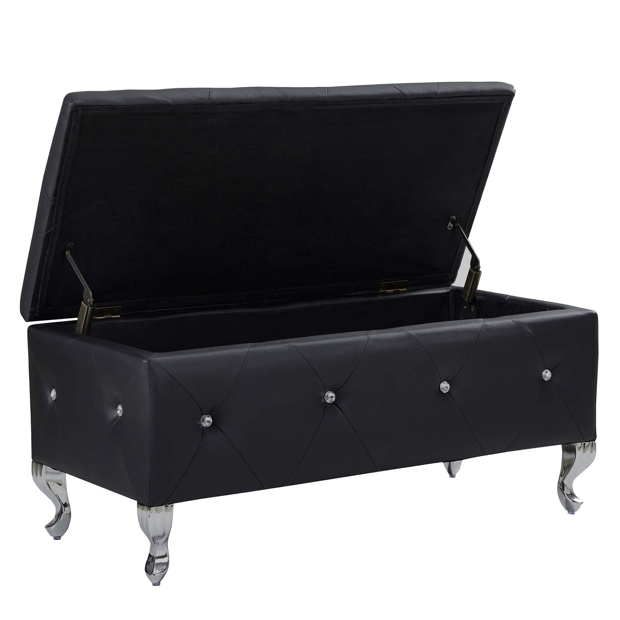 Upholstered Storage Ottoman Bench For Bedroom End Of Bed Faux Leather Rectangular Storage Benches Footrest With Crystal Buttons For Living Room Entryway (Black) - Grand Goldman Shop