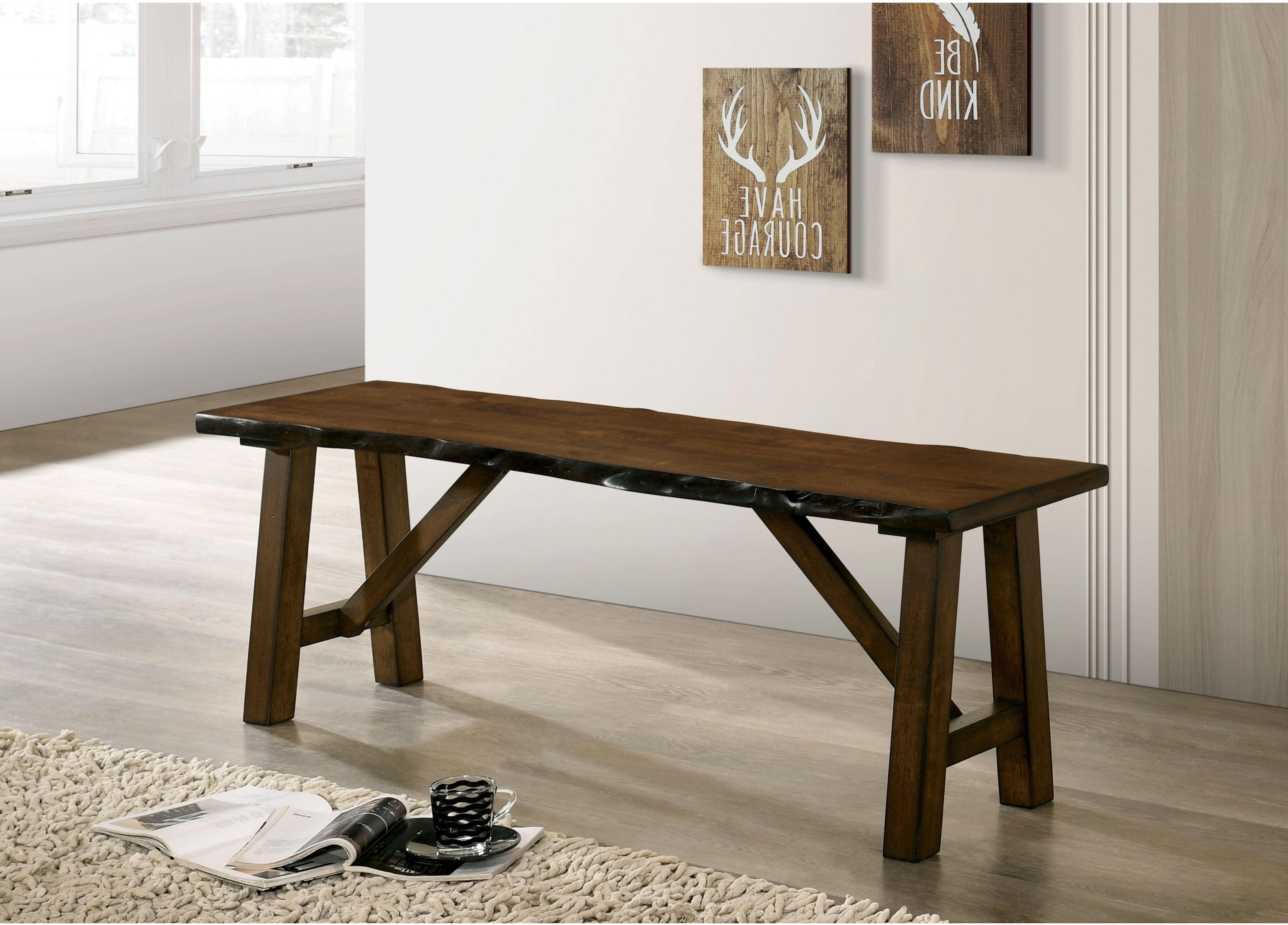 Rustic Walnut Finish 1pc Bench Only Live Edge Design Distressed Wood Seat Dining Room Furniture Solid wood Bench - Grand Goldman Shop