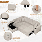 2 in 1 Sleeper Sofa Bed with Storage Ottoman, Beige Linen Upholstery, 84.75' L Shape Couch for Small Spaces - Grand Goldman Shop