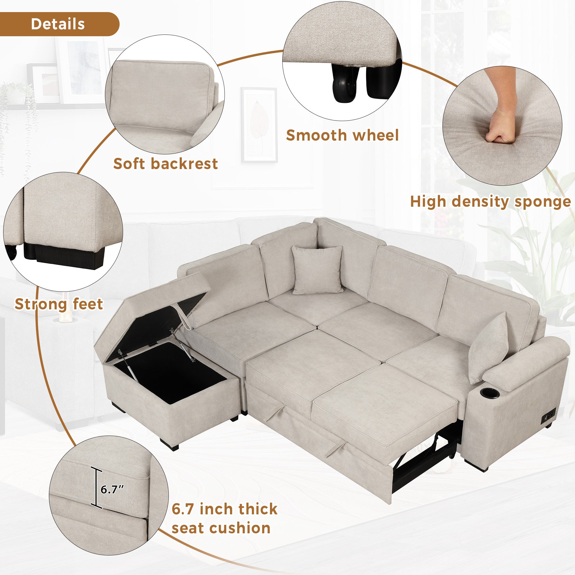 2 in 1 Sleeper Sofa Bed with Storage Ottoman, Beige Linen Upholstery, 84.75' L Shape Couch for Small Spaces - Grand Goldman Shop