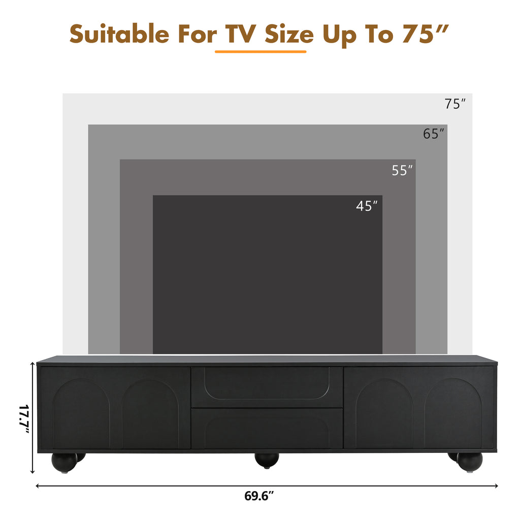 ON-TREND Cream Style TV Stand with Arched Doors & 2 Drawers for TVs up to 75', Minimalist Media Console with Rebound Device, Entertainment Center with 5 Iron Round Legs for Living Room, Bedroom, Black - Grand Goldman Shop