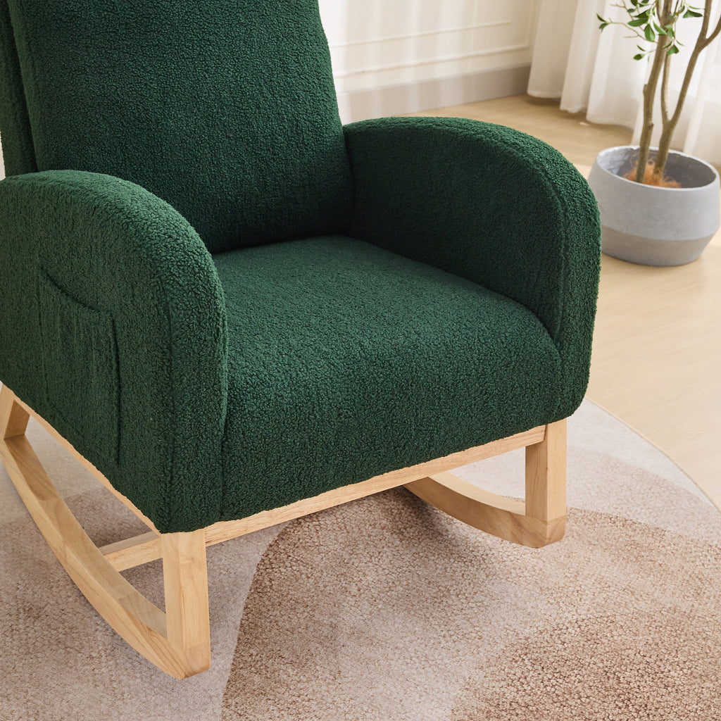 27.2'W Rocking Chair for Nursery, Sherpa Glider Chair with High Back and Side Pocket, Rocking Accent Armchair with Rubber Wood Legs for Living Room/Bedroom.Green - Grand Goldman Shop