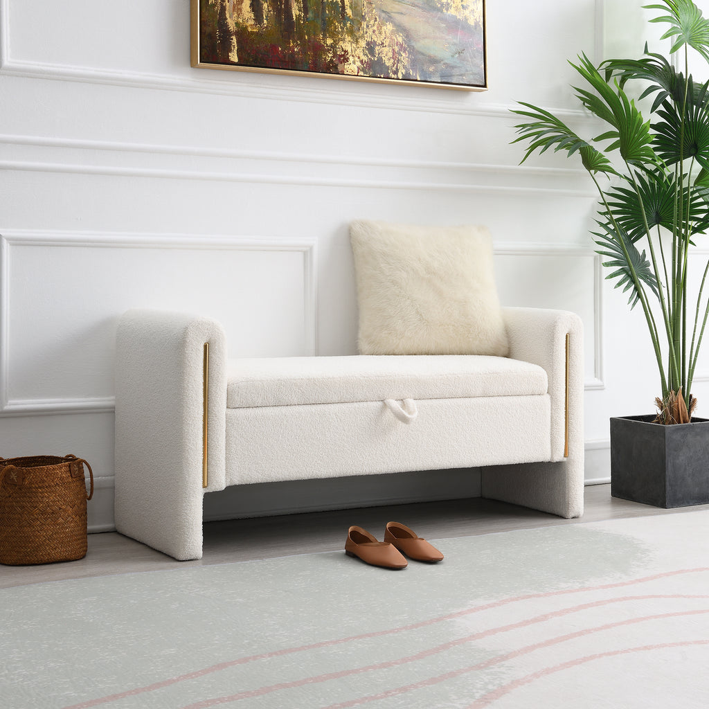 Modern Teddy Bed End Bench with Arms and Storage, Upholstered Large Foot Rest Stool, Cream Plywood, 52.3 x 18.5 x 24.4 inches - Grand Goldman Shop
