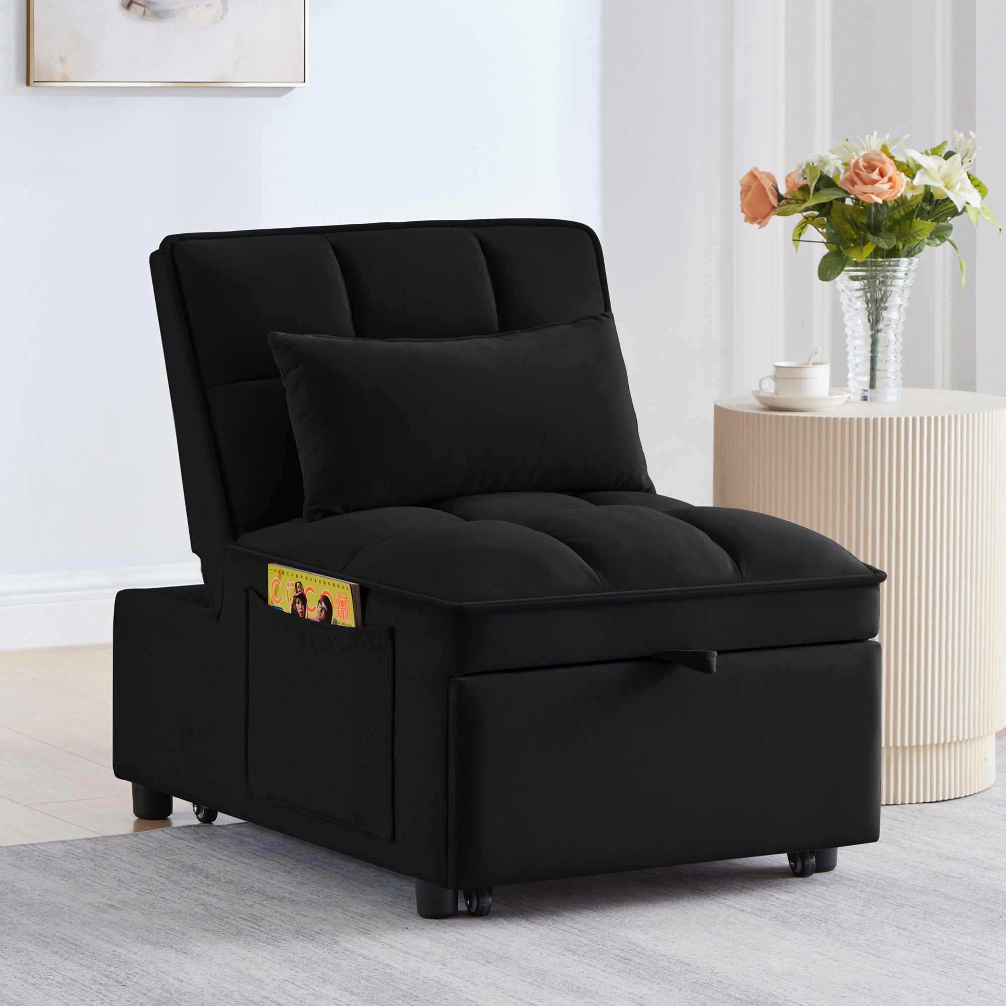 4 in1 Multi-Function Single Sofa Bed with Storage Pockets,Tufted Single Pull-out Sofa Bed with Adjustable Backrest and Pillows ,Convertible  Chaise Lounge,Black - Grand Goldman Shop