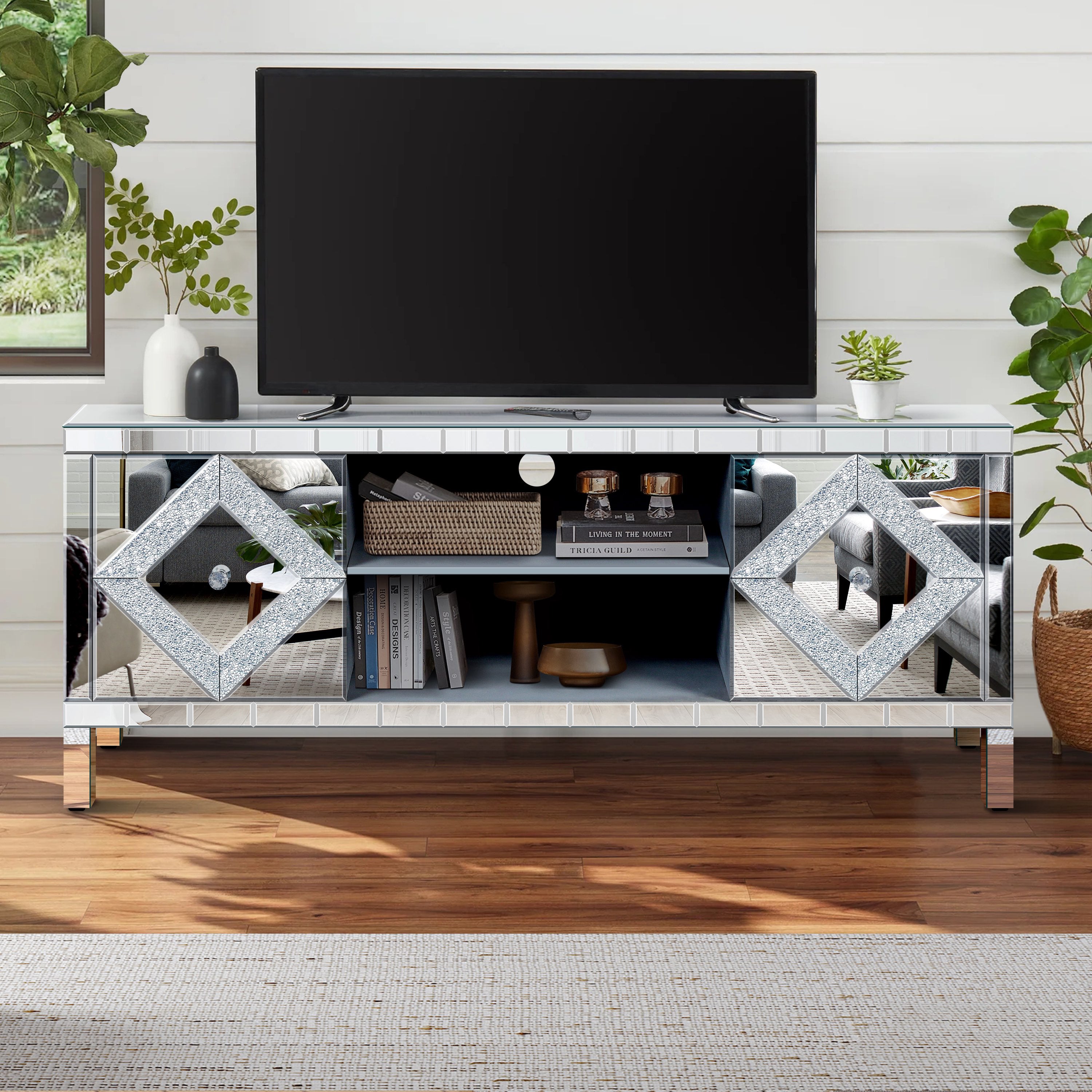 Mirrored TV Stand for 65+ inch TV,Sliver TV Console Table with Open Storage & 2 Storage Cabinets ,Diamond Shape Sparkling Mirror Doors for Living Room(59''W x 25.2''H x 15.7D) - Grand Goldman Shop
