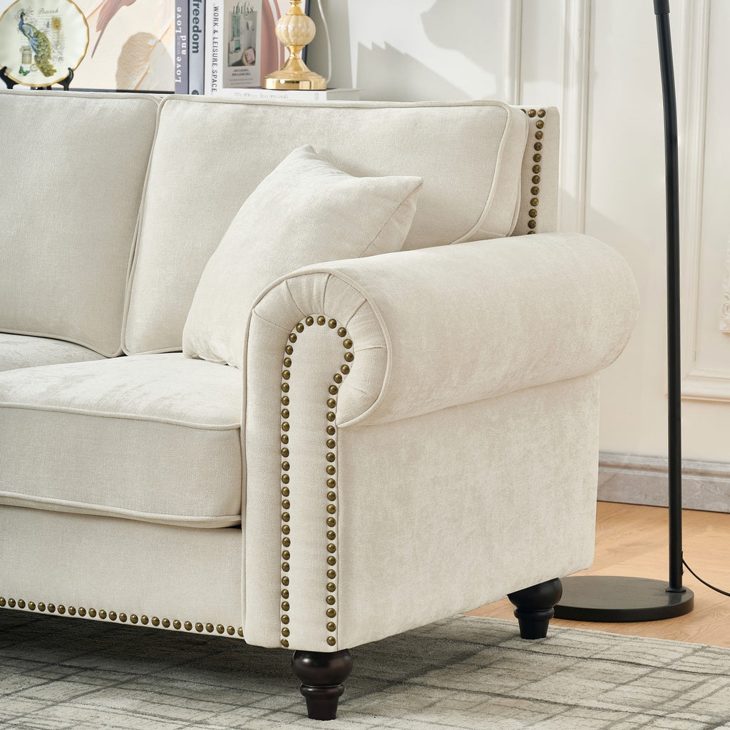 Modern 2-Seater Sofa with Rolled Arms, Tufted Upholstery, Wood Legs, Nailhead Trim, Beige Fabric, 63' - Grand Goldman Shop