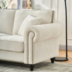 Modern 2-Seater Sofa with Rolled Arms, Tufted Upholstery, Wood Legs, Nailhead Trim, Beige Fabric, 63' - Grand Goldman Shop