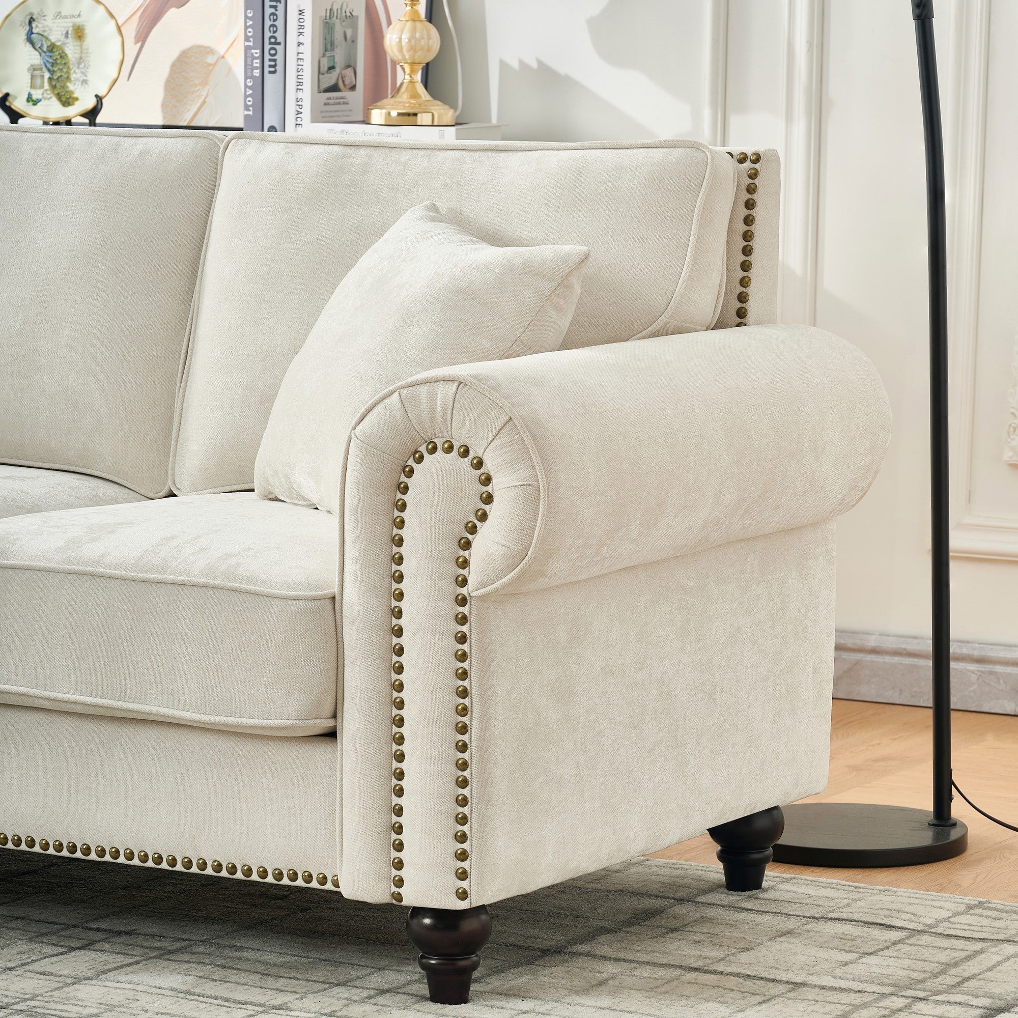 Modern 2-Seater Sofa with Rolled Arms, Tufted Upholstery, Wood Legs, Nailhead Trim, Beige Fabric, 63' - Grand Goldman Shop