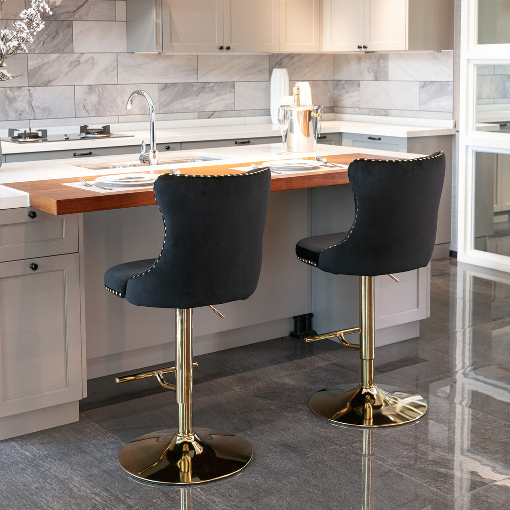 A&A Furniture,Golden Swivel Velvet Barstools Adjusatble Seat Height from 25-33 Inch, Modern Upholstered Bar Stools with Backs Comfortable Tufted for Home Pub and Kitchen Island（Black,Set of 2） - Grand Goldman Shop