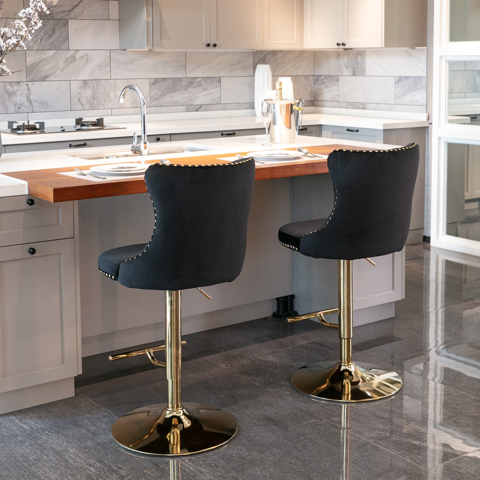 A&A Furniture,Golden Swivel Velvet Barstools Adjusatble Seat Height from 25-33 Inch, Modern Upholstered Bar Stools with Backs Comfortable Tufted for Home Pub and Kitchen Island（Black,Set of 2） - Grand Goldman Shop