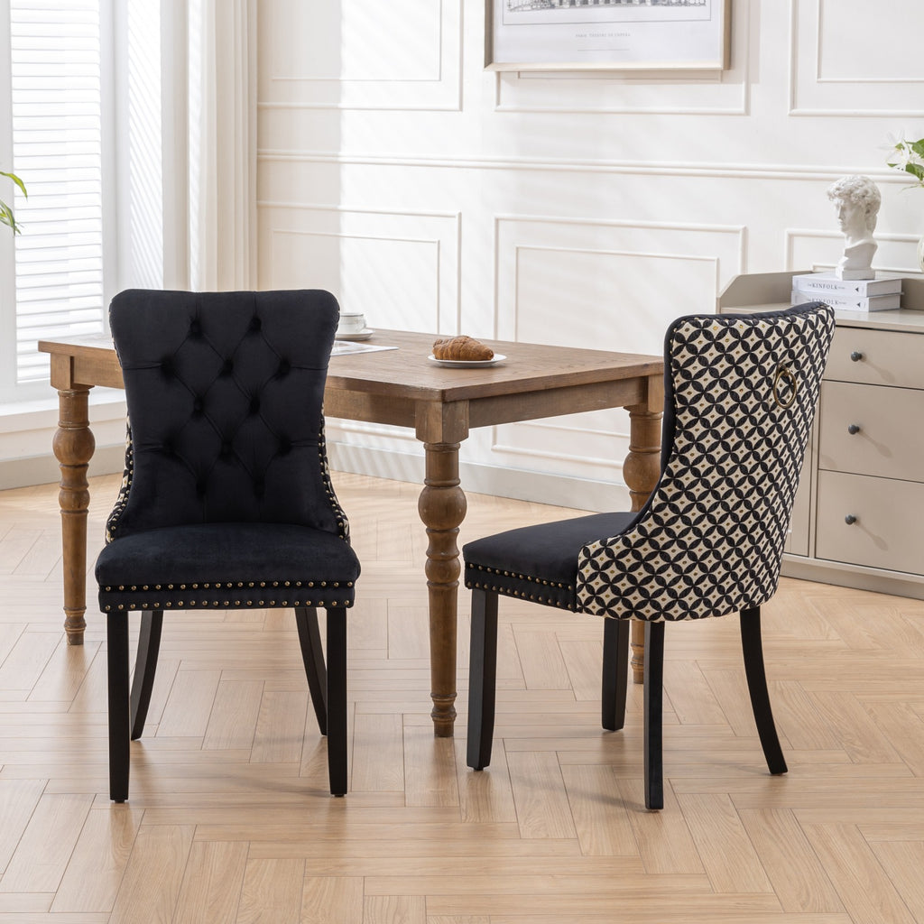Classic Velvet Dining Chairs,  High-end Tufted Solid Wood Contemporary Velvet Upholstered Dining Chair with Wood Legs Nailhead, SET OF 2,Black and Patterned,SW2201BK - Grand Goldman Shop
