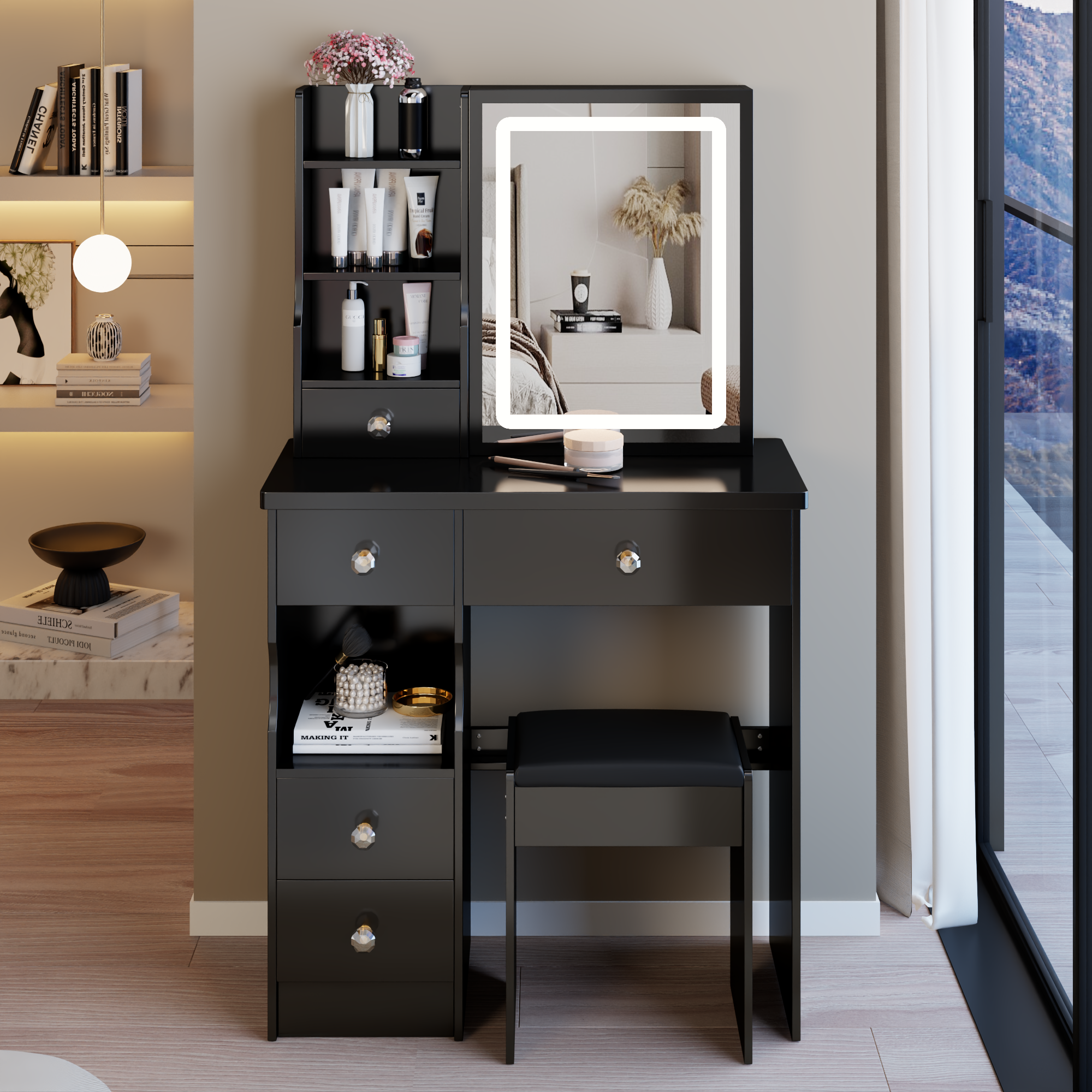 29.2' Small Size Left Drawer Desktop Vanity Table + Cushioned Stool, Large Sliding, Touch Control, Tri-color Switching, Brightness Adjust LED Mirror, High Capacity Storage, Suitable for Small Space - Grand Goldman Shop