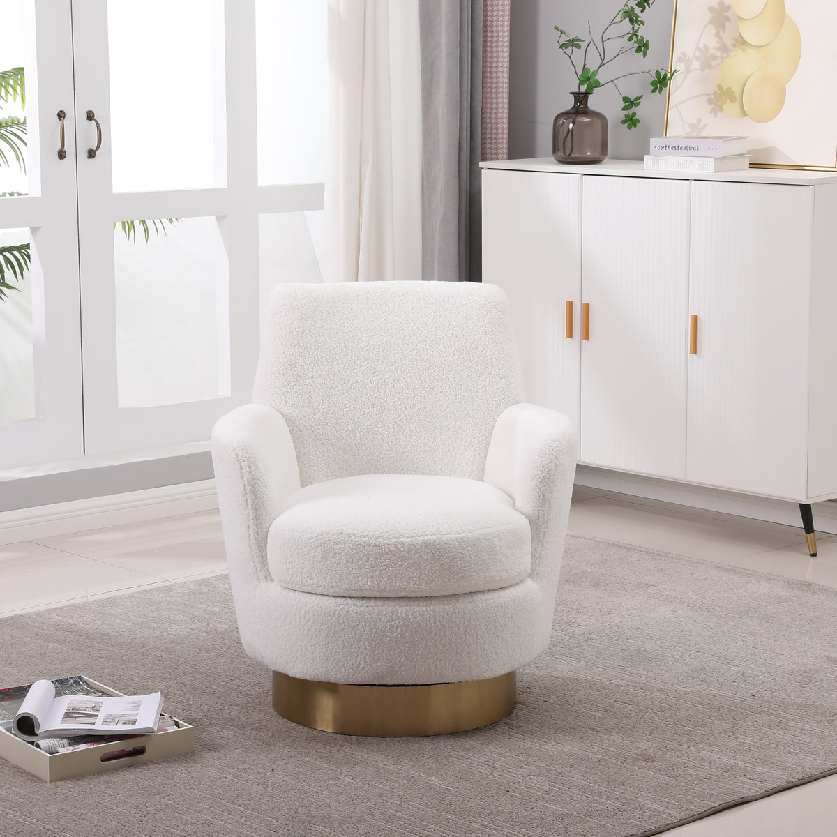 Teddy Swivel Barrel Chair, Swivel Accent Chairs Armchair for Living Room, Reading Chairs for Bedroom Comfy, Round Barrel Chairs with Gold Stainless Steel Base (Ivory) - Grand Goldman Shop