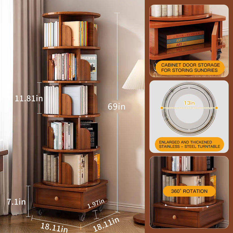 (UPGRADED) Rotating Bookshelf, 360 Display Corner Bookshelf for Small Space, 6 Tier Bookcase Storage Rack with Wheels, Wood Narrow Organizer for Bedroom, Living Room, Study Room, Walnut Brown - Grand Goldman Shop
