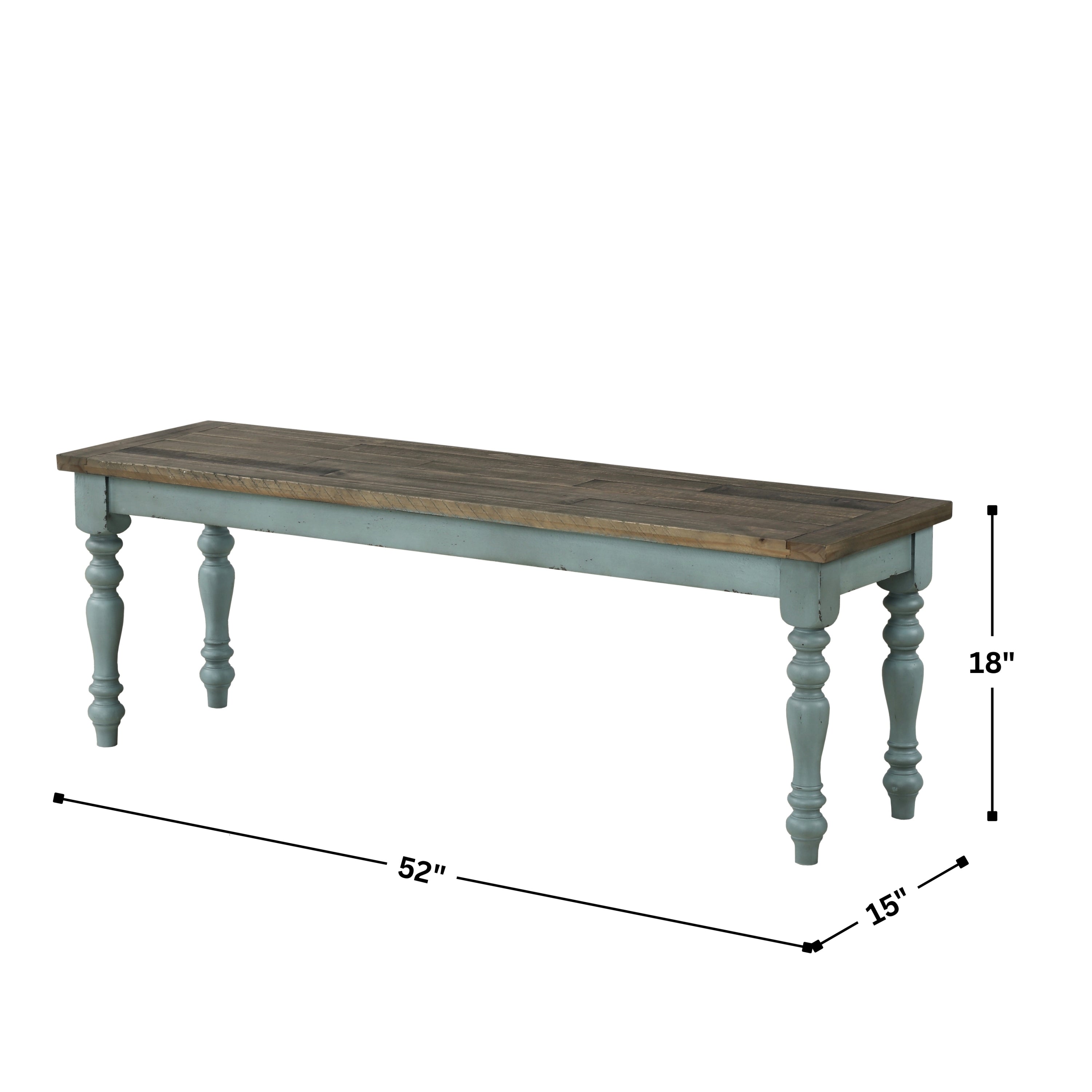 Prato Two-Tone Wood Upholstered Dining Bench, Antique Brown and Distressed Blue - Grand Goldman Shop
