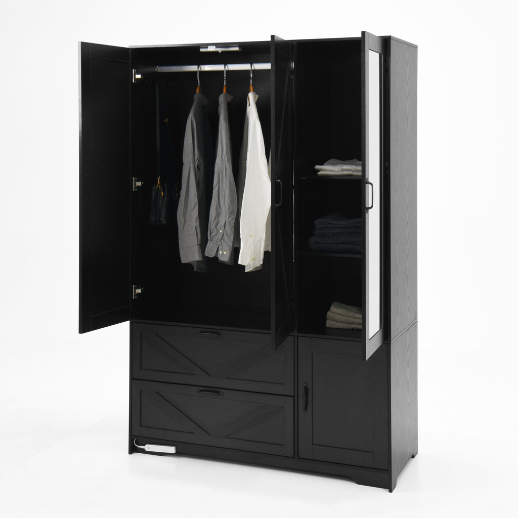4 Doors Wardrobe Closet with Mirror, LED Wardrobe with Doors and 2 Drawers, Wooden Wardrobe Storage Cabinet with Hanging Rod, Adjustable Shelves, Black - Grand Goldman Shop