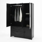4 Doors Wardrobe Closet with Mirror, LED Wardrobe with Doors and 2 Drawers, Wooden Wardrobe Storage Cabinet with Hanging Rod, Adjustable Shelves, Black - Grand Goldman Shop