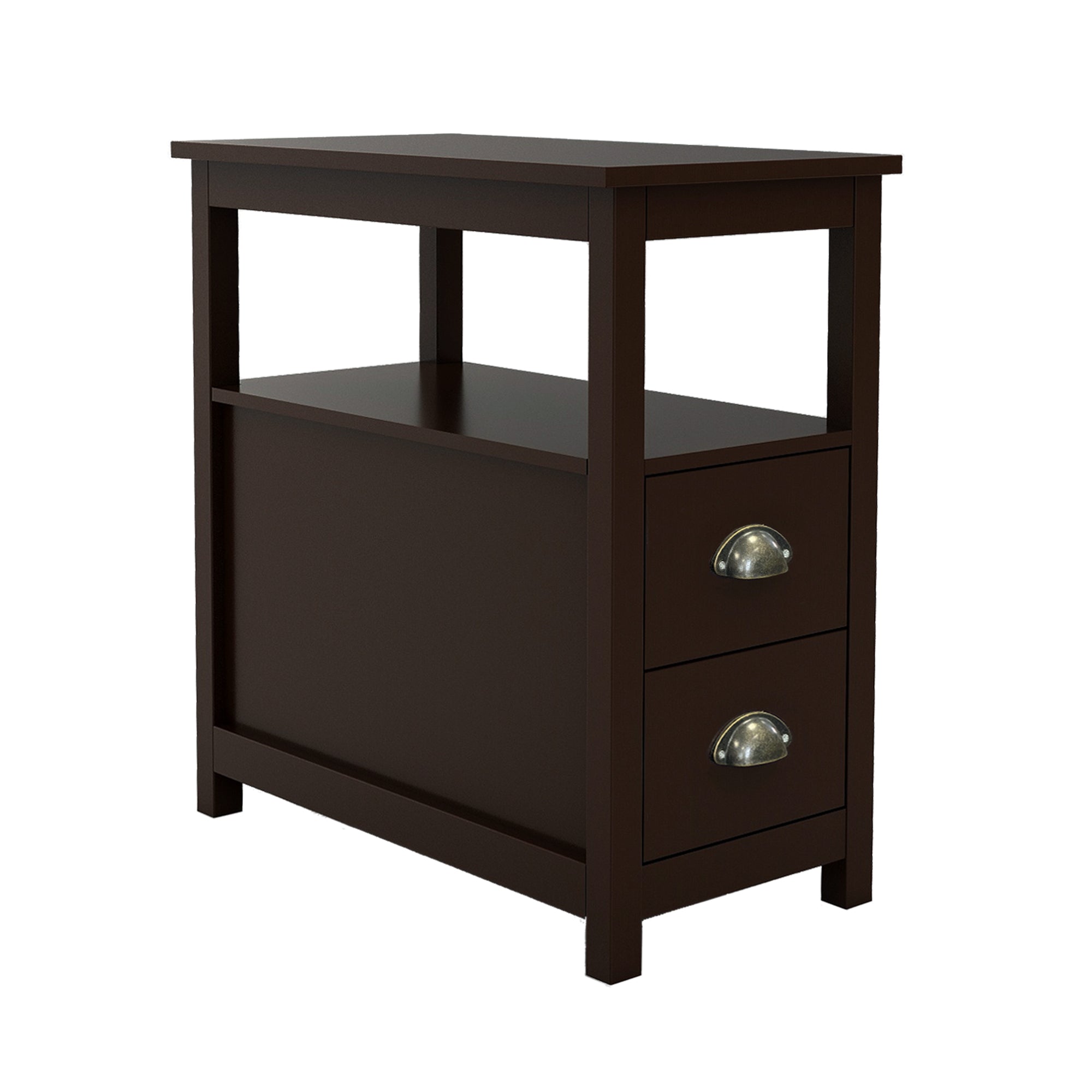 End Table Narrow Nightstand With Two Drawers And Open Shelf-Brown - Grand Goldman Shop