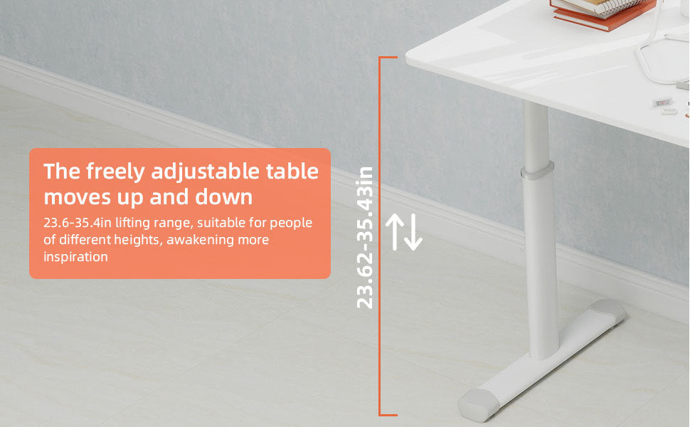 Adjustable Study Desk for Kids and Adults, Height-Adjustable Home Office Desk, White Frame with White Wood Tabletop, 60cm x 8
