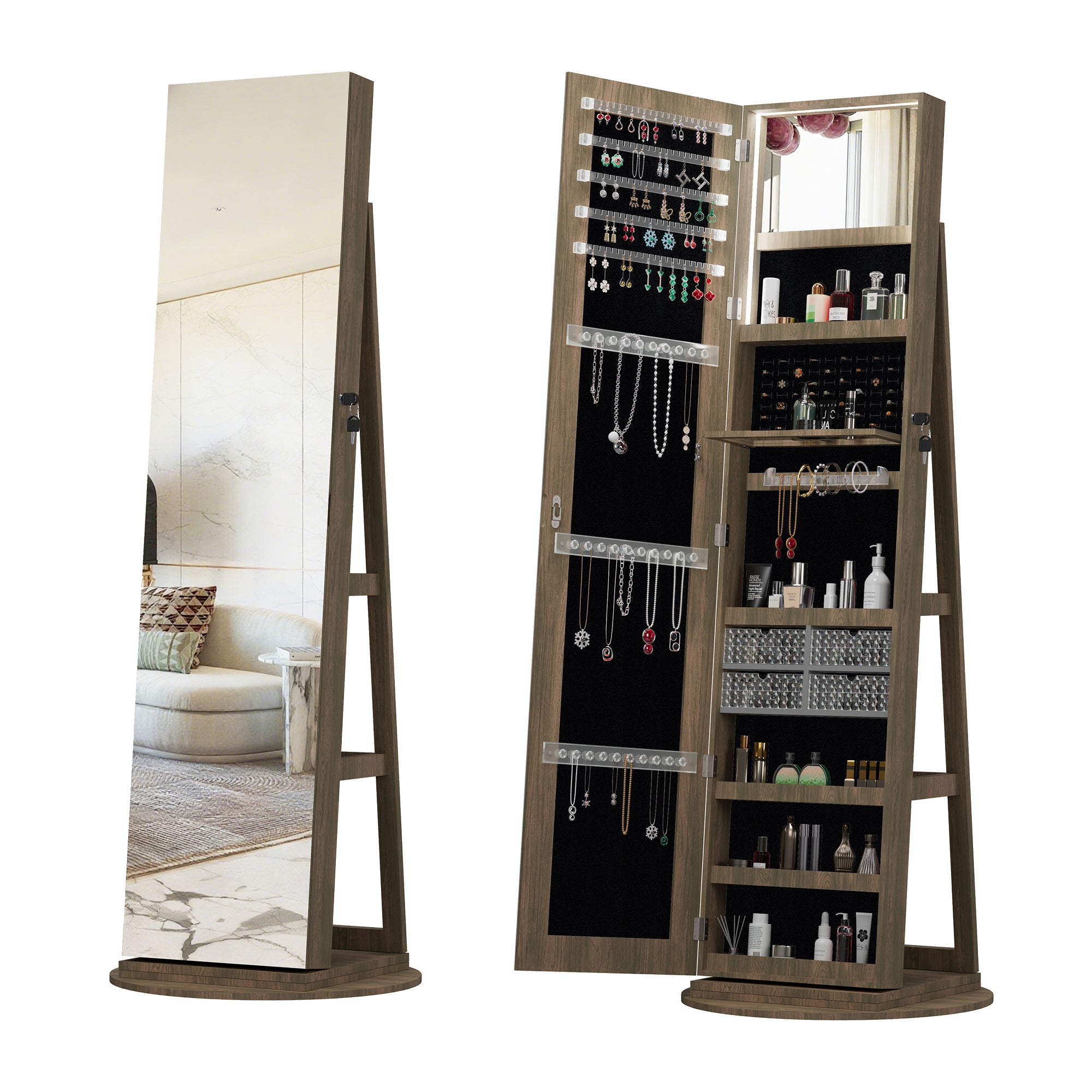 360°Swivel Jewelry Cabinet with Full Length Mirror, 360°Rotating Standing Jewelry Armoire Organizer , Lockable Storage Cabinet, Interior Lighted Mirror, Brown - Grand Goldman Shop