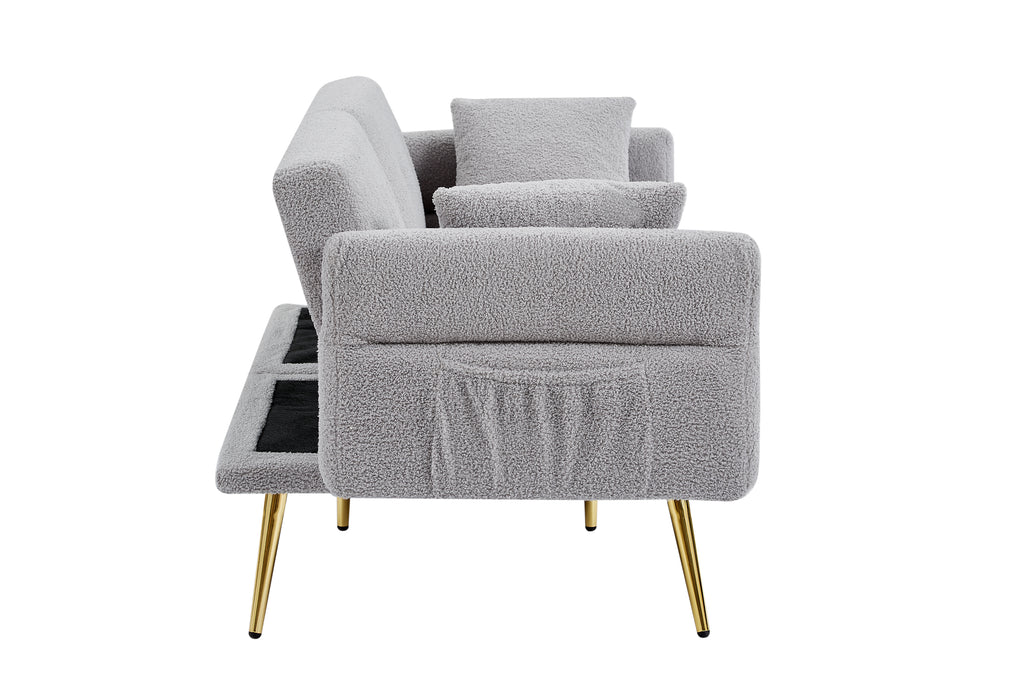 Modern Teddy Upholstered Accent Loveseat Sofa With Side Pocket,Folding Sleeper Sofa Bed With Foldable Armrest , Adjustable Backrest and Golden Metal Legs for Living Room,Grey - Grand Goldman Shop