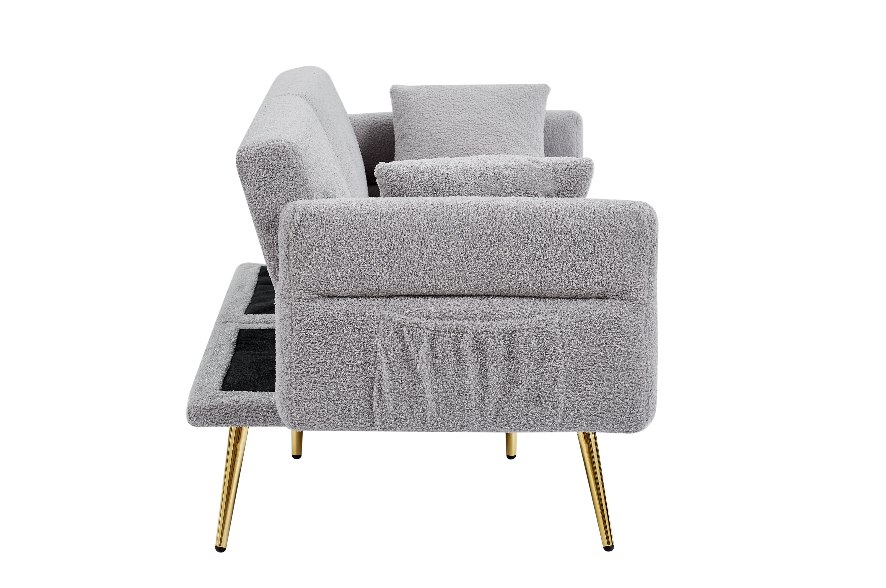 Modern Teddy Upholstered Accent Loveseat Sofa With Side Pocket,Folding Sleeper Sofa Bed With Foldable Armrest , Adjustable Backrest and Golden Metal Legs for Living Room,Grey - Grand Goldman Shop