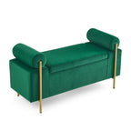 Elegant Upholstered Velvet Storage Bench with Cylindrical Arms and Iron Legs, Green - Grand Goldman Shop