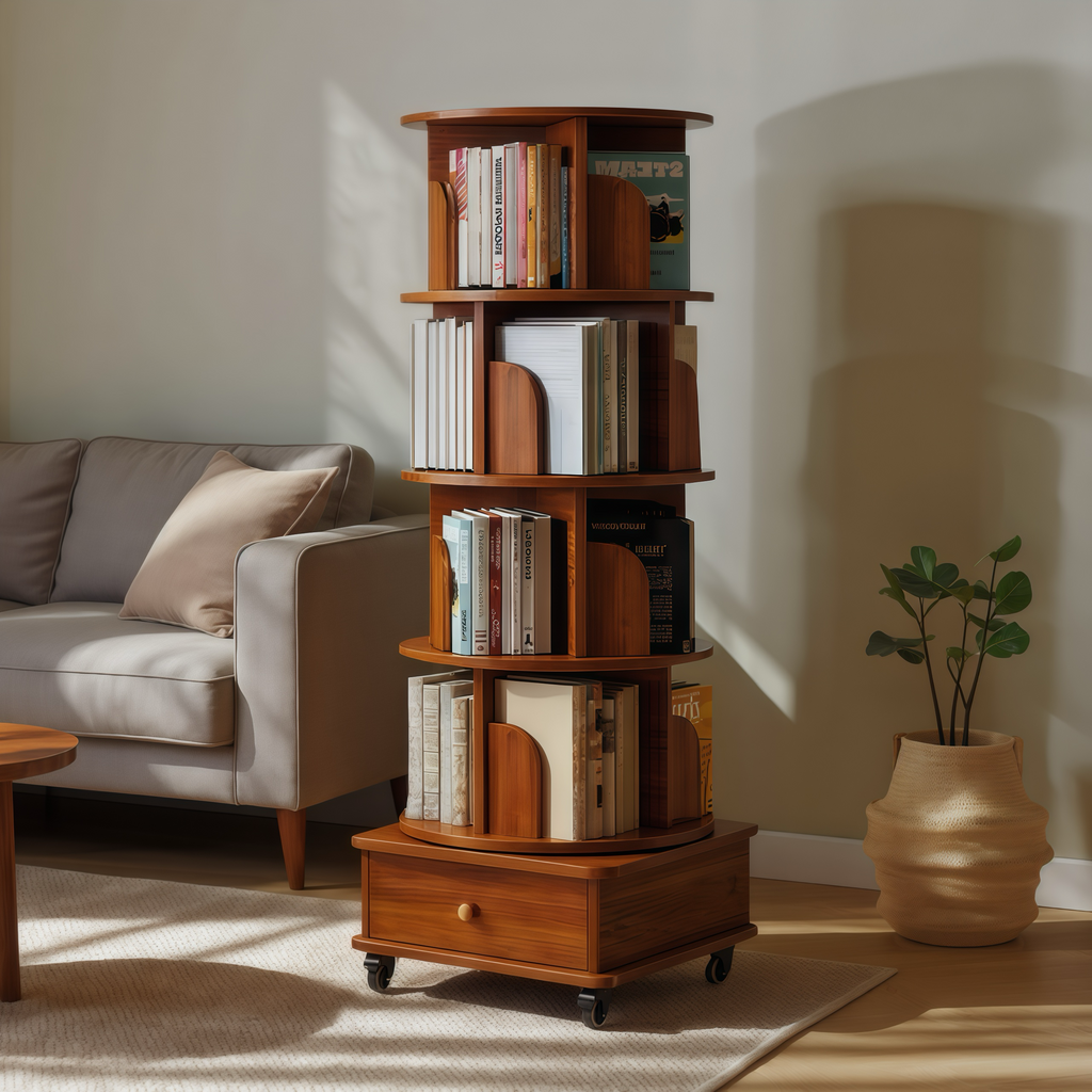 Rotating Bookshelf with Drawer, 360 Display 5 Tier Corner Bookshelf for Small Space, Floor Standing Bookcase Storage Rack, Wood Narrow Organizer for Bedroom, Living Room (WALNUT) - Grand Goldman Shop