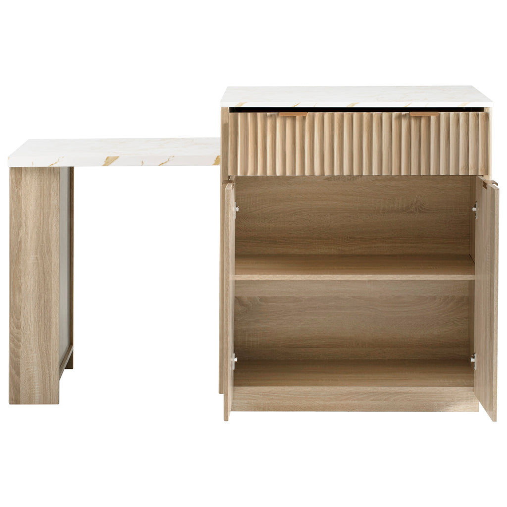 K&K 82.6' Fluted Kitchen Island with Extendable Dining Table for 4-6, Island Table for Kitchen with Power Outlet, Kitchen Table with Double-Side Storage, 2 Drawers 2 Side Open Shelves, Natural - Grand Goldman Shop