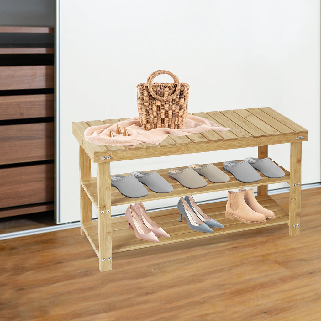 Hofitlead 27.5' Shoe Rack Solid Wood Shoe Bench, 3-Tier Shoe Organizer for Entryway Hallway(Light Brown) - Grand Goldman Shop