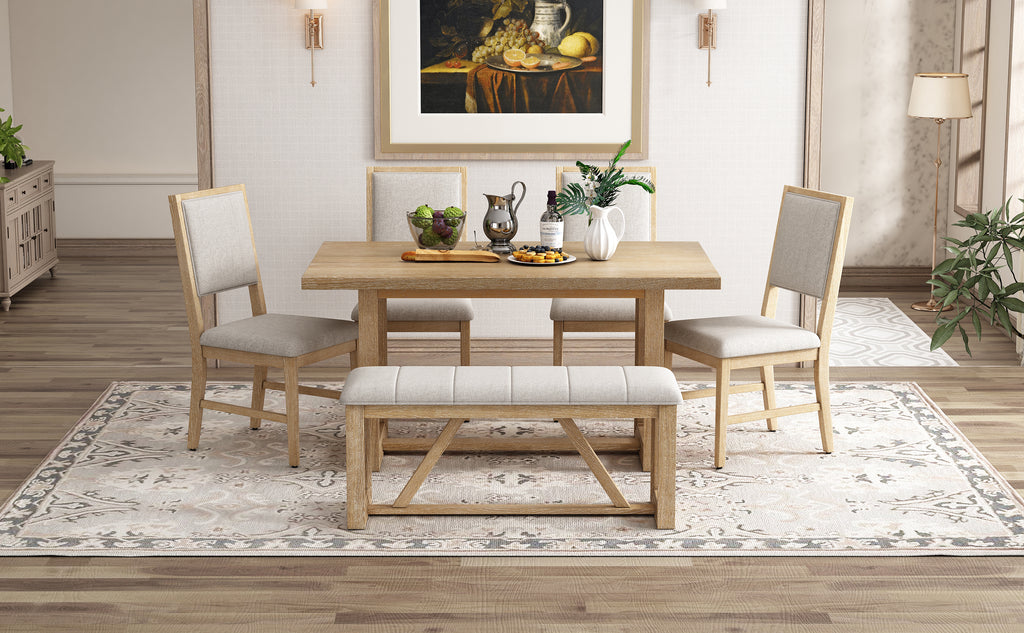 TREXM 6-Piece Retro Dining Table Set for 6, 60' Wood Kitchen Table and Chairs Set of 4 with Bench Designed Trestle Base for kitchen & Dining Room (Natural) - Grand Goldman Shop