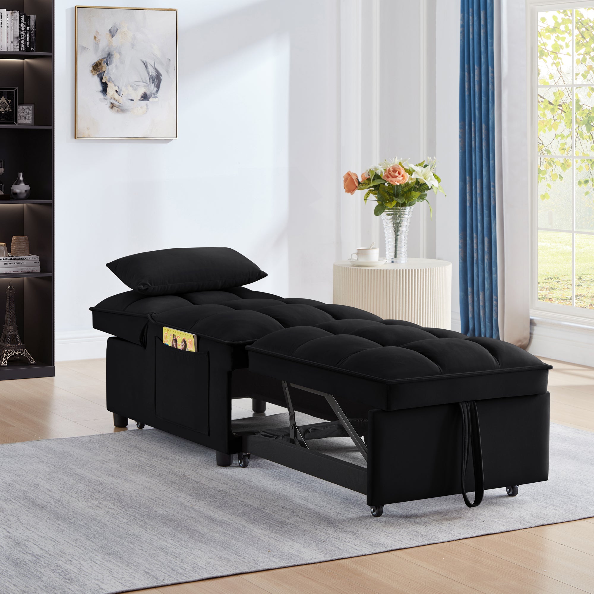 4 in1 Multi-Function Single Sofa Bed with Storage Pockets,Tufted Single Pull-out Sofa Bed with Adjustable Backrest and Pillows ,Convertible  Chaise Lounge,Black - Grand Goldman Shop
