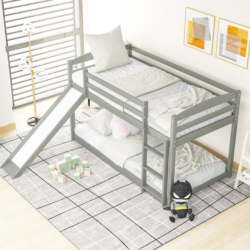 Gray Twin over Twin Bunk Bed with Convertible Slide and Ladder, Pine Wood and MDF, 79.3''L x 84.4''W x 46.5''H - Grand Goldman Shop