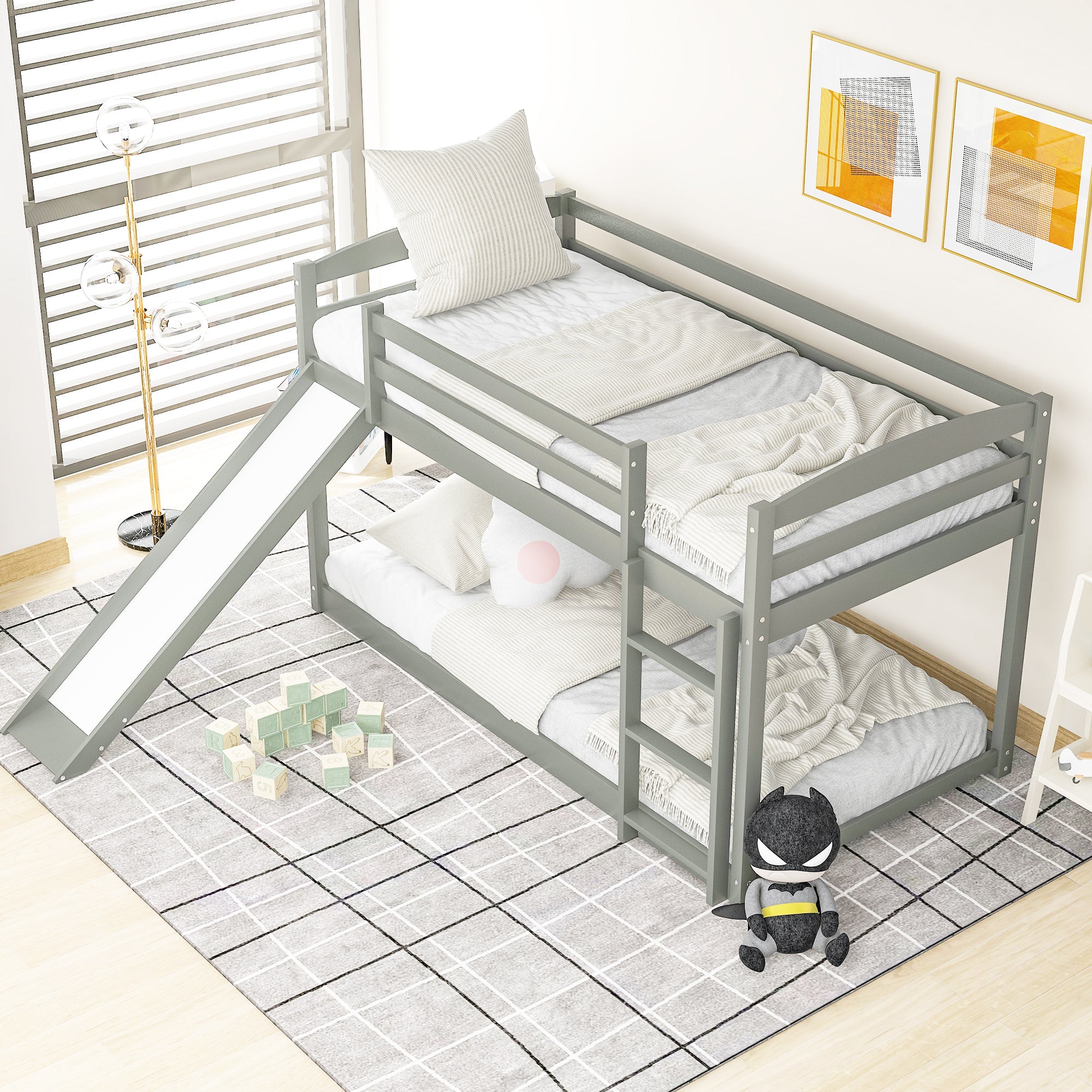 Gray Twin over Twin Bunk Bed with Convertible Slide and Ladder, Pine Wood and MDF, 79.3''L x 84.4''W x 46.5''H - Grand Goldman Shop
