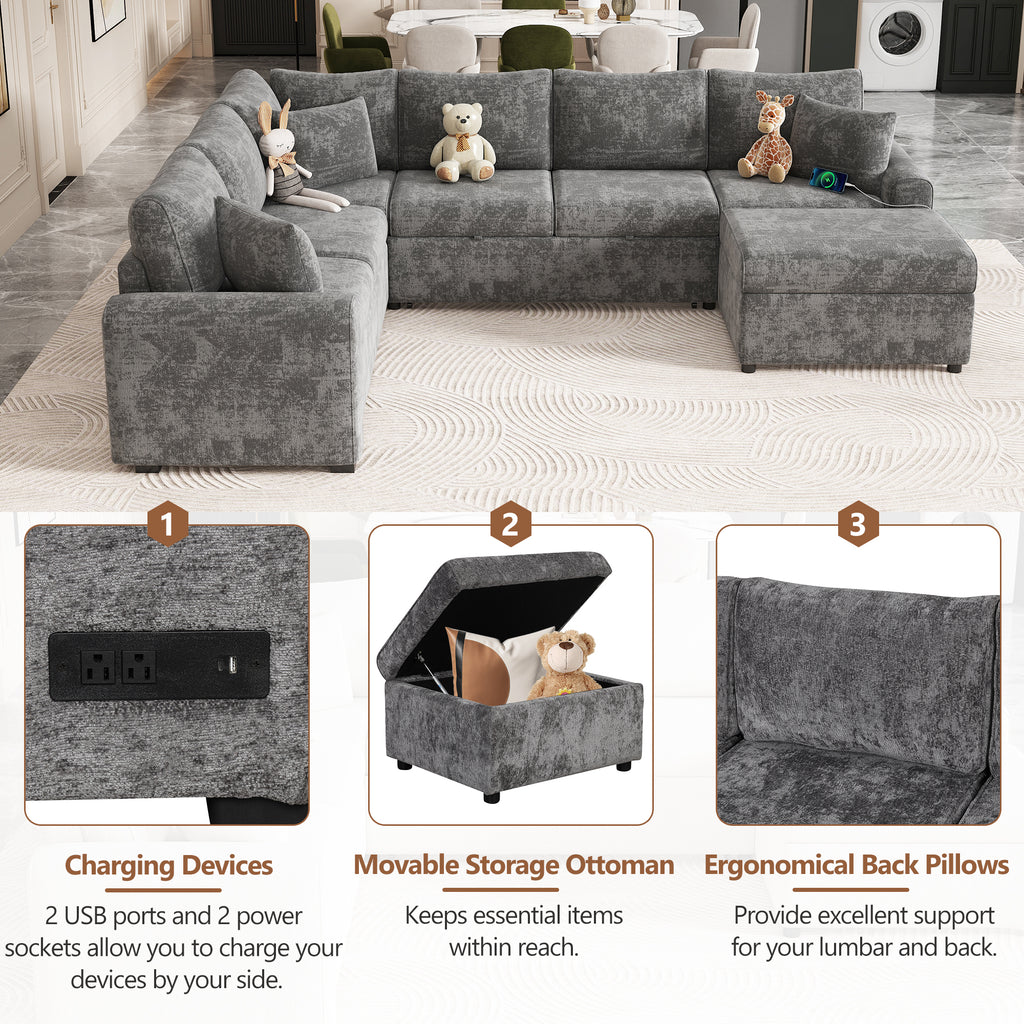 Modern Sectional Sofa Pull-out Sleeper with Storage Ottoman, USB Charging, Grey Tweed Chenille, 112.2' - Grand Goldman Shop