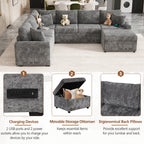 Modern Sectional Sofa Pull-out Sleeper with Storage Ottoman, USB Charging, Grey Tweed Chenille, 112.2' - Grand Goldman Shop