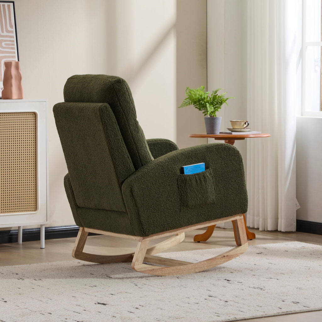 Modern Accent Rocking Chair Rocking Chair with Solid Wood Legs, Upholstered Nursery Glider Rocker, Comfy Armchair with Side Pocket, Living Room Lounge Arm Chair with High Backrest (green,teddy) - Grand Goldman Shop