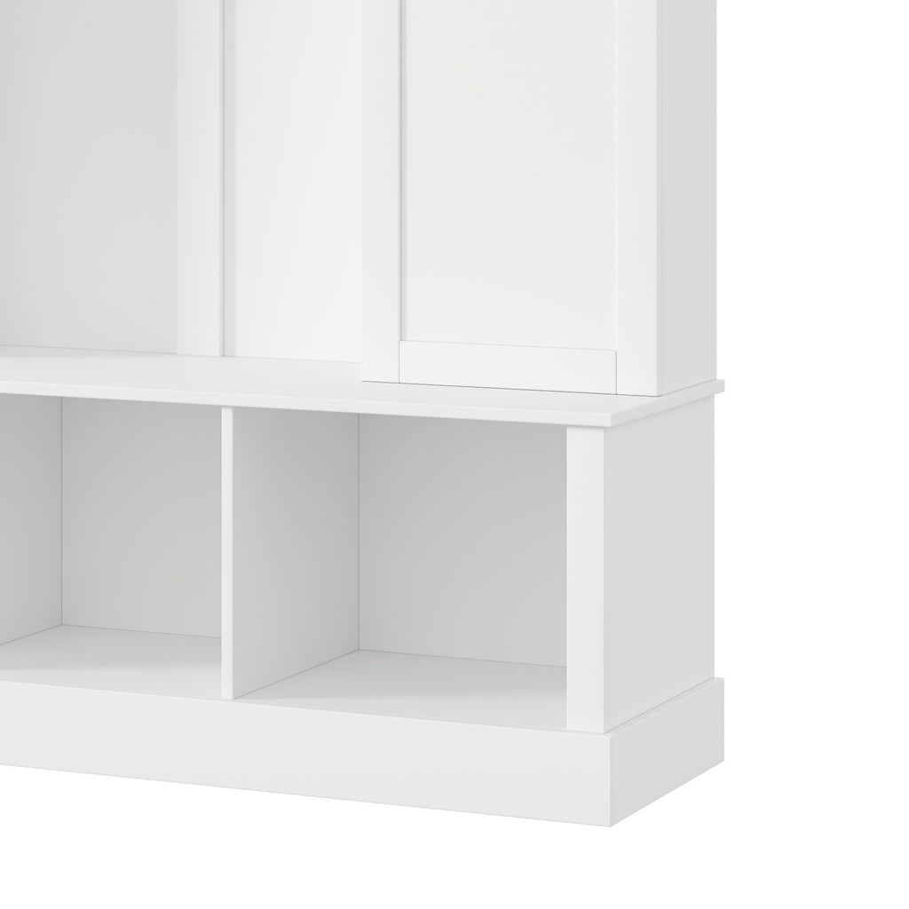 ON-TREND Modern All-in-One Hall Tree with Adjustable Shelves, Classic Arched Farmhouse Storage Bench with Dual Side Cabinets, Elegant Entryway Organizer with 7 Hooks for Mudroom, Hallway, White - Grand Goldman Shop