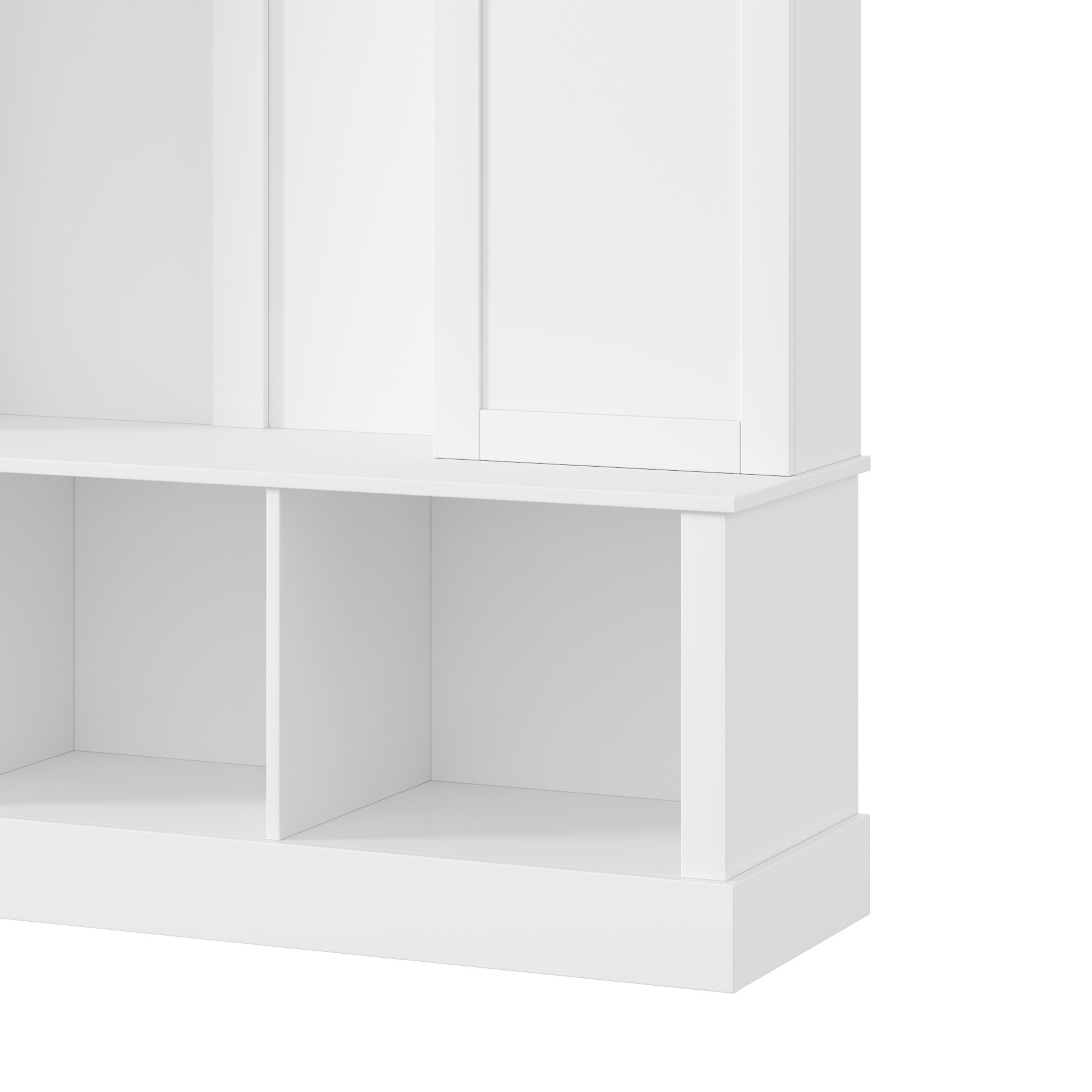 ON-TREND Modern All-in-One Hall Tree with Adjustable Shelves, Classic Arched Farmhouse Storage Bench with Dual Side Cabinets, Elegant Entryway Organizer with 7 Hooks for Mudroom, Hallway, White - Grand Goldman Shop