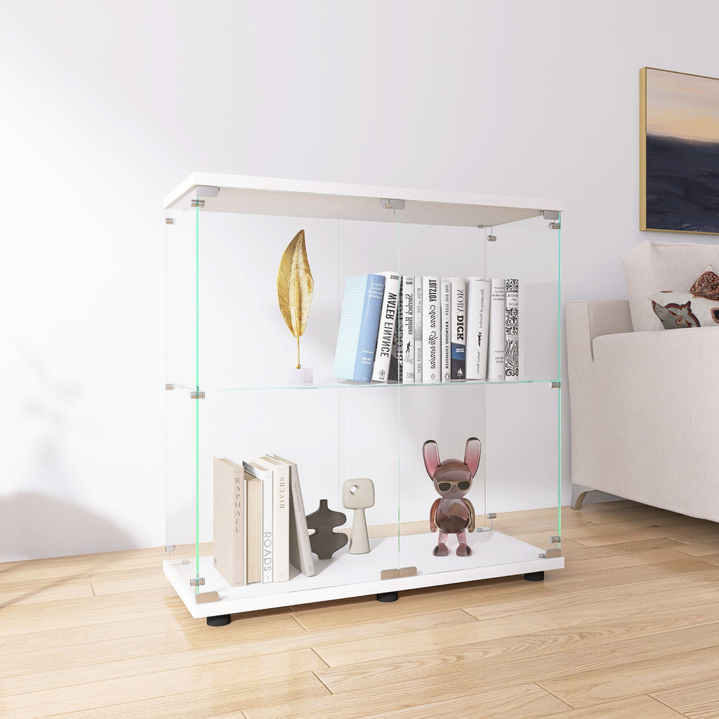 Two-door Glass Display Cabinet 2 Shelves with Door, Floor Standing Curio Bookshelf for Living Room Bedroom Office, 33.35'*31.