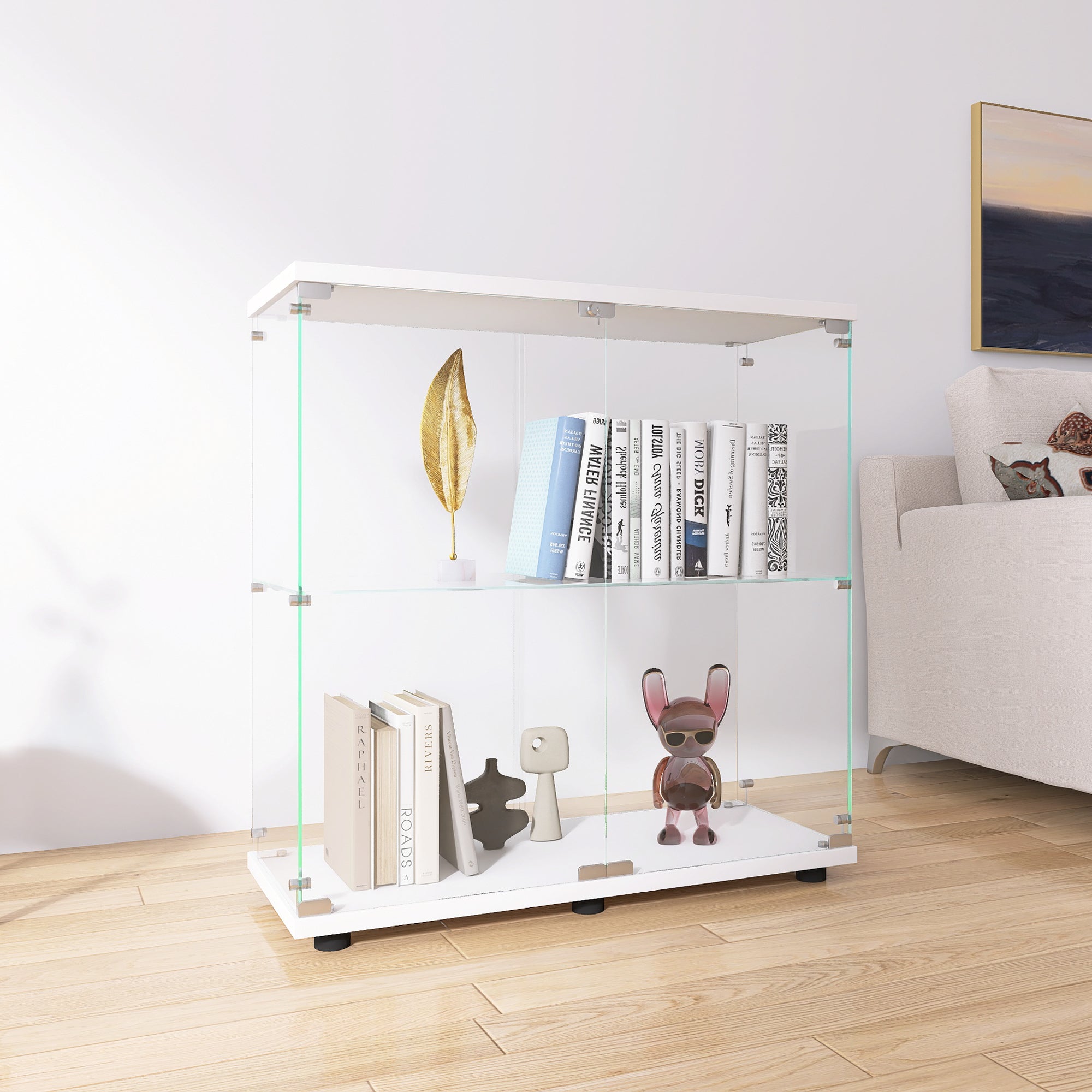 Two-door Glass Display Cabinet 2 Shelves with Door, Floor Standing Curio Bookshelf for Living Room Bedroom Office, 33.35'*31.