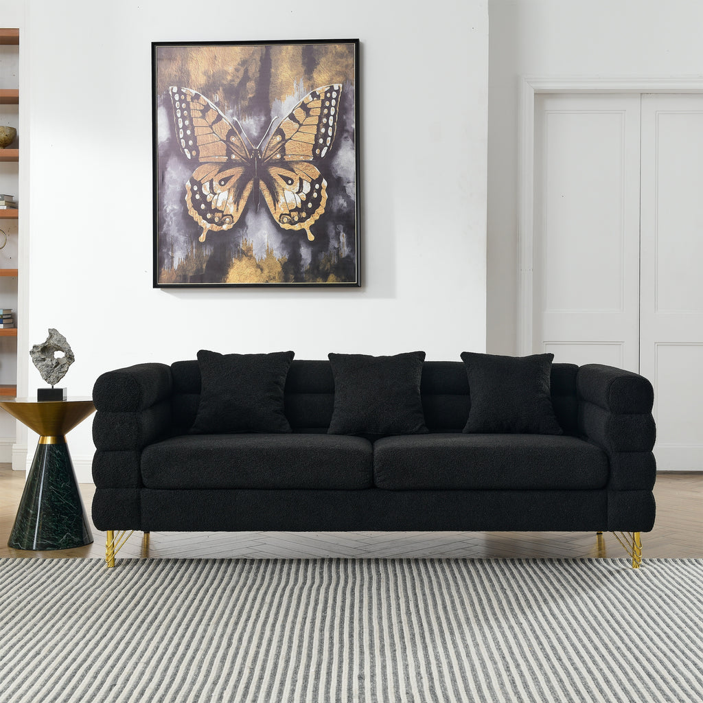 Streamline Modern 81 Inch Oversized 3 Seater Sectional Sofa in Black Teddy Fabric with 3 Lumbar Pillows, Deep Seating Comfort for Living Room Bedroom Office - Grand Goldman Shop